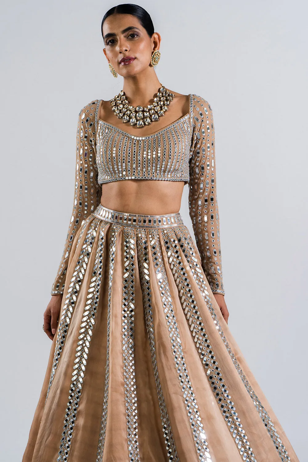 Beige Mirror Seam Lehenga Set