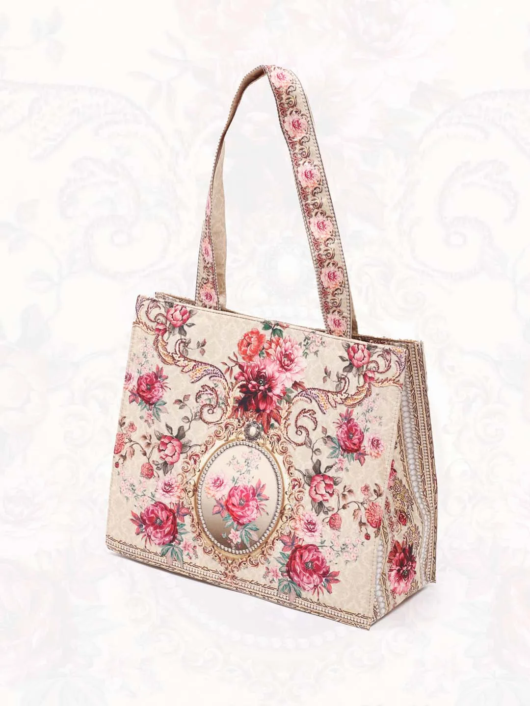 Beige Printed Crepe Handbag