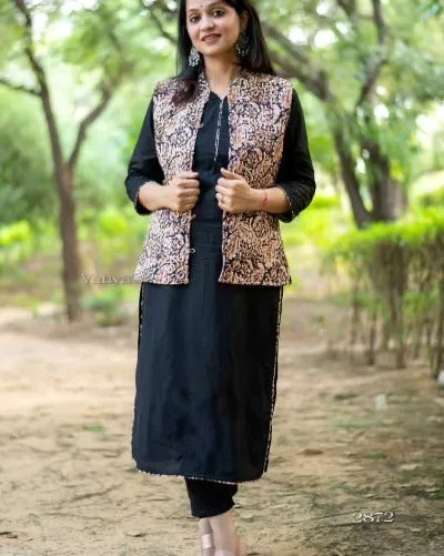 Black Kalamkari Quilted Jacket Cotton Kurti Pant Set of 3