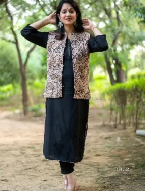 Black Kalamkari Quilted Jacket Cotton Kurti Pant Set of 3