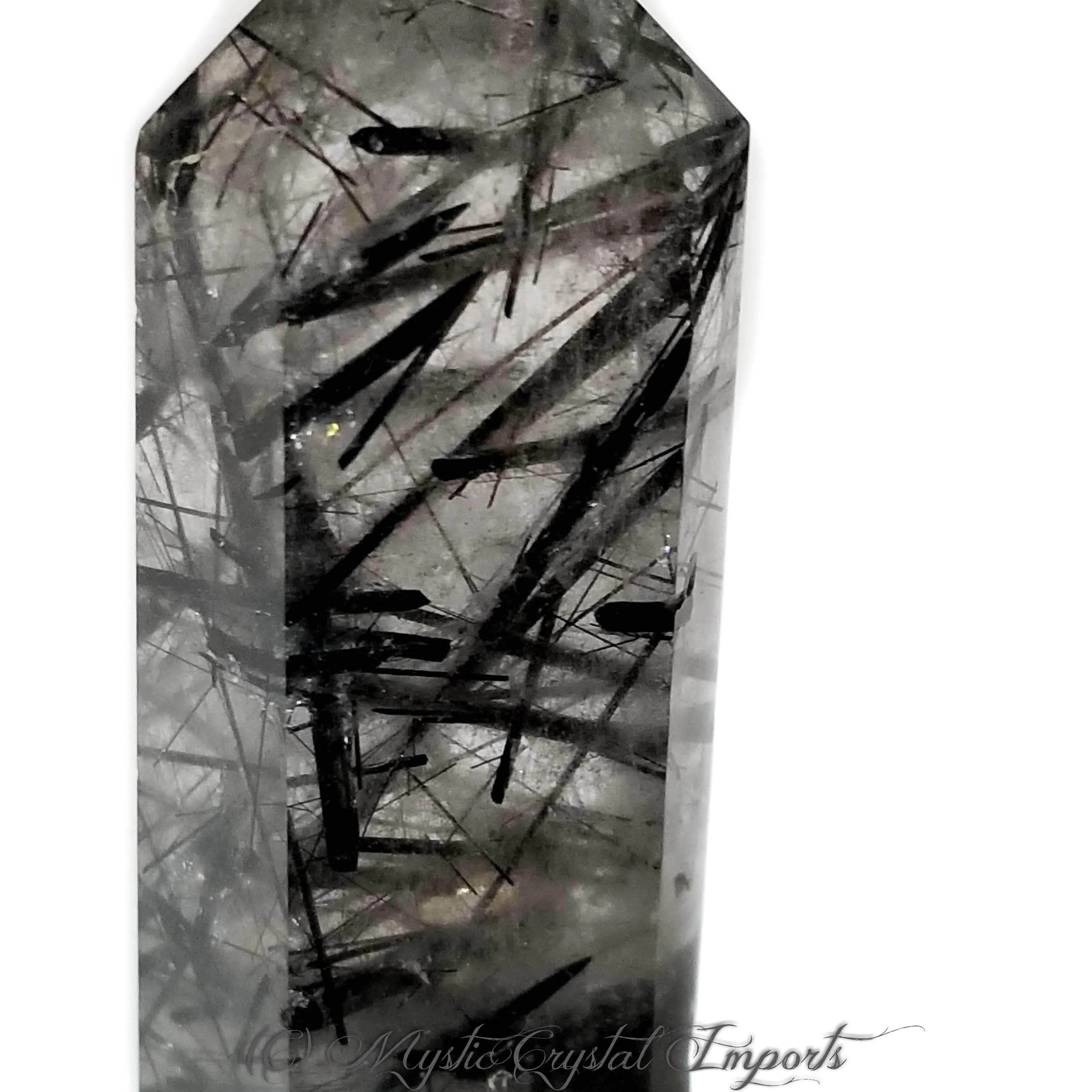 Black Tourmalinated Quartz Crystal Point With Carved Wood Stand - 5