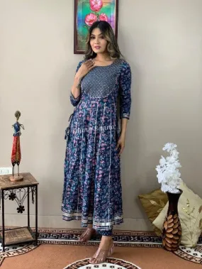 Blue Embroidered Cotton Flair Anarkali With Pant