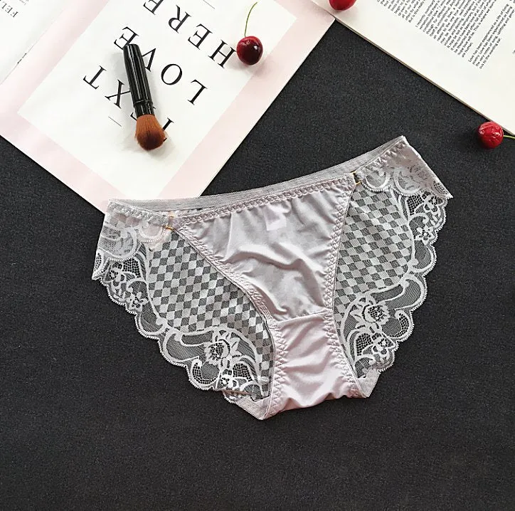 Checkered Mesh and Lace Detail Briefs Style Panties