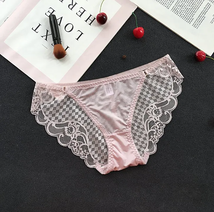 Checkered Mesh and Lace Detail Briefs Style Panties