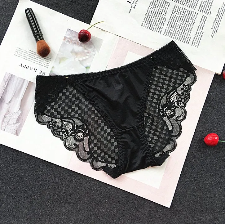 Checkered Mesh and Lace Detail Briefs Style Panties