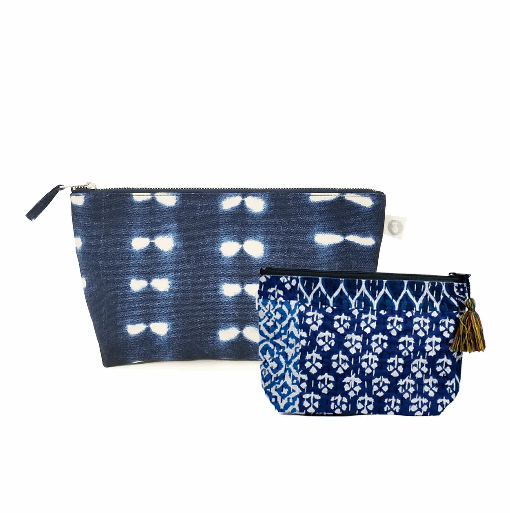 Clutch Bag Blue Shibori with Blue Boho Makeup Bag