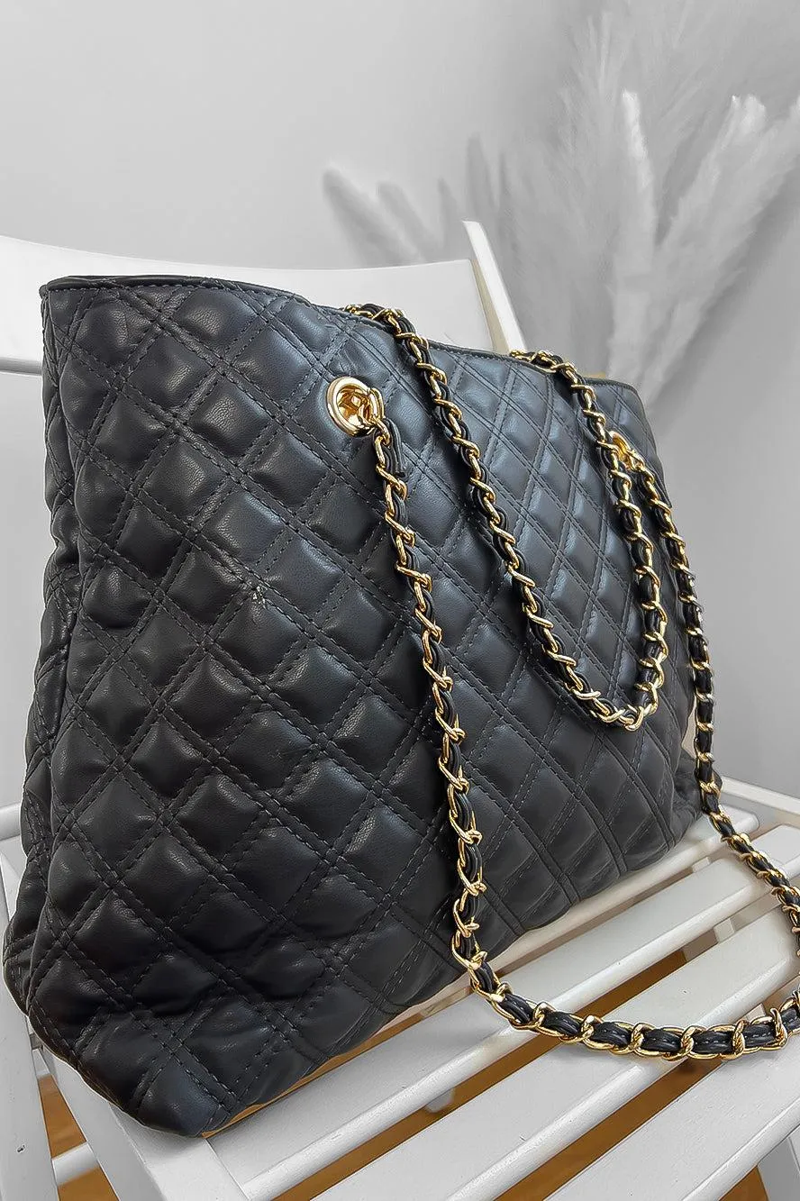 Dark Grey Quilted Gold Chain Straps Handbag