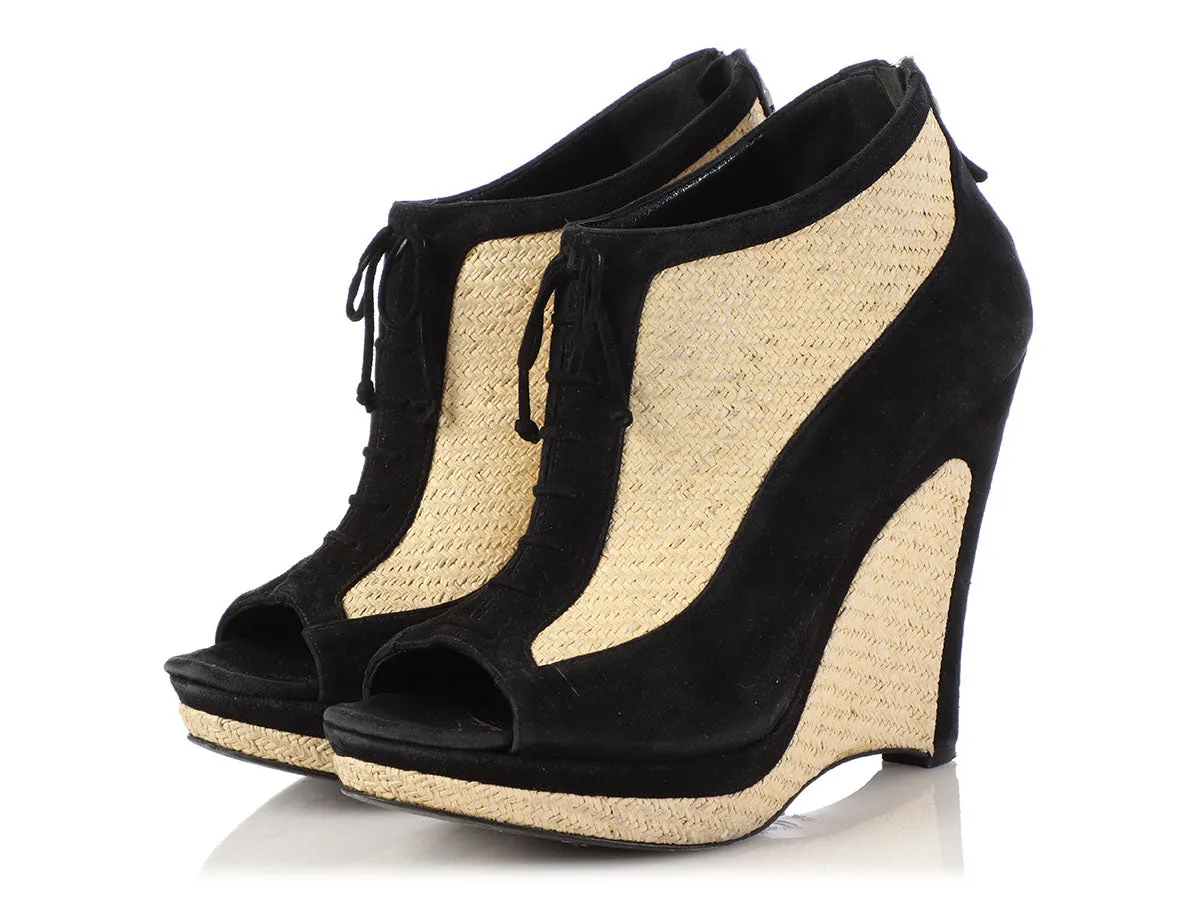 Fendi Black Suede and Straw Open-Toe Platform Wedges