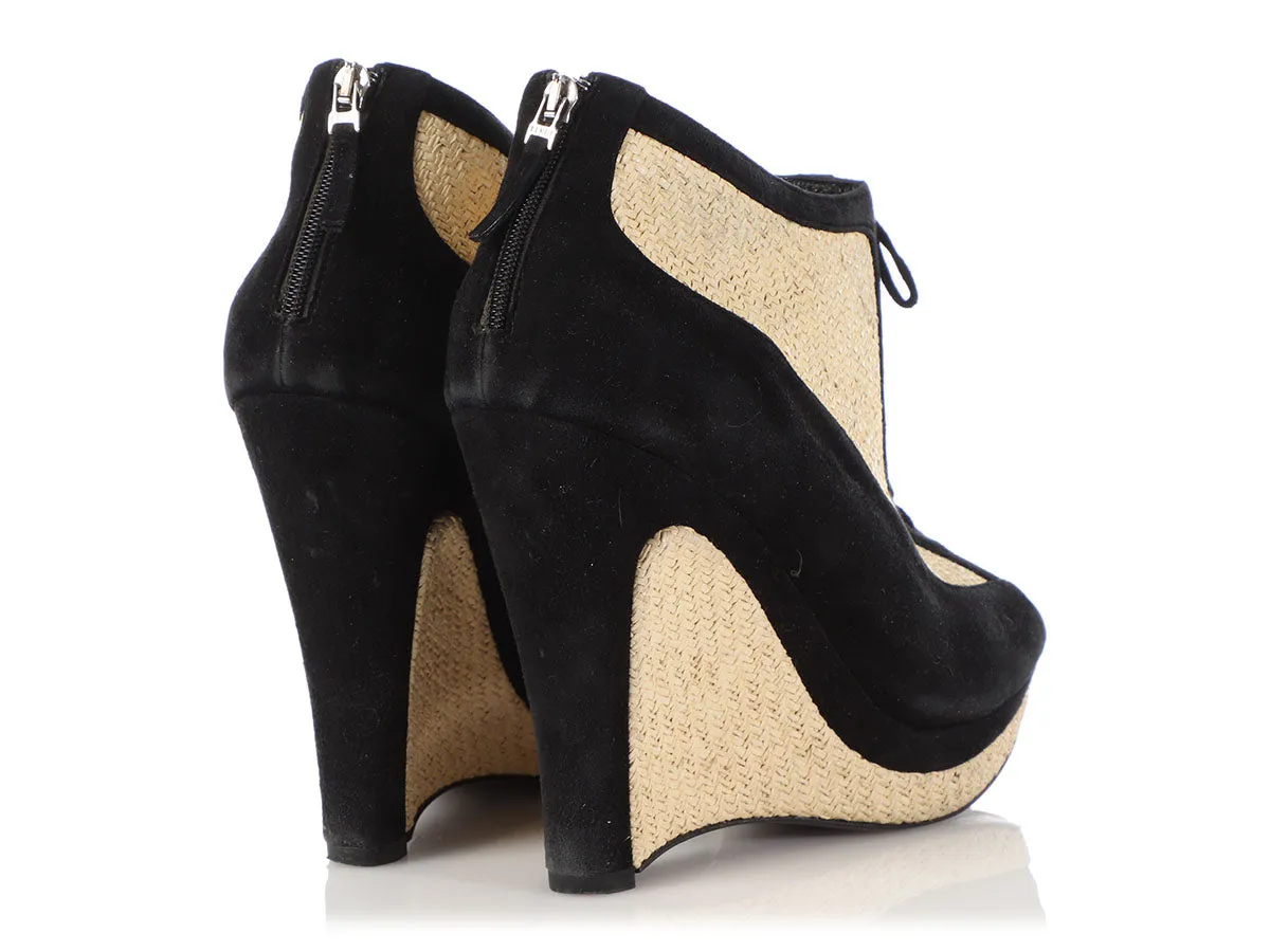 Fendi Black Suede and Straw Open-Toe Platform Wedges