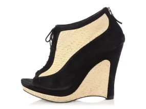 Fendi Black Suede and Straw Open-Toe Platform Wedges