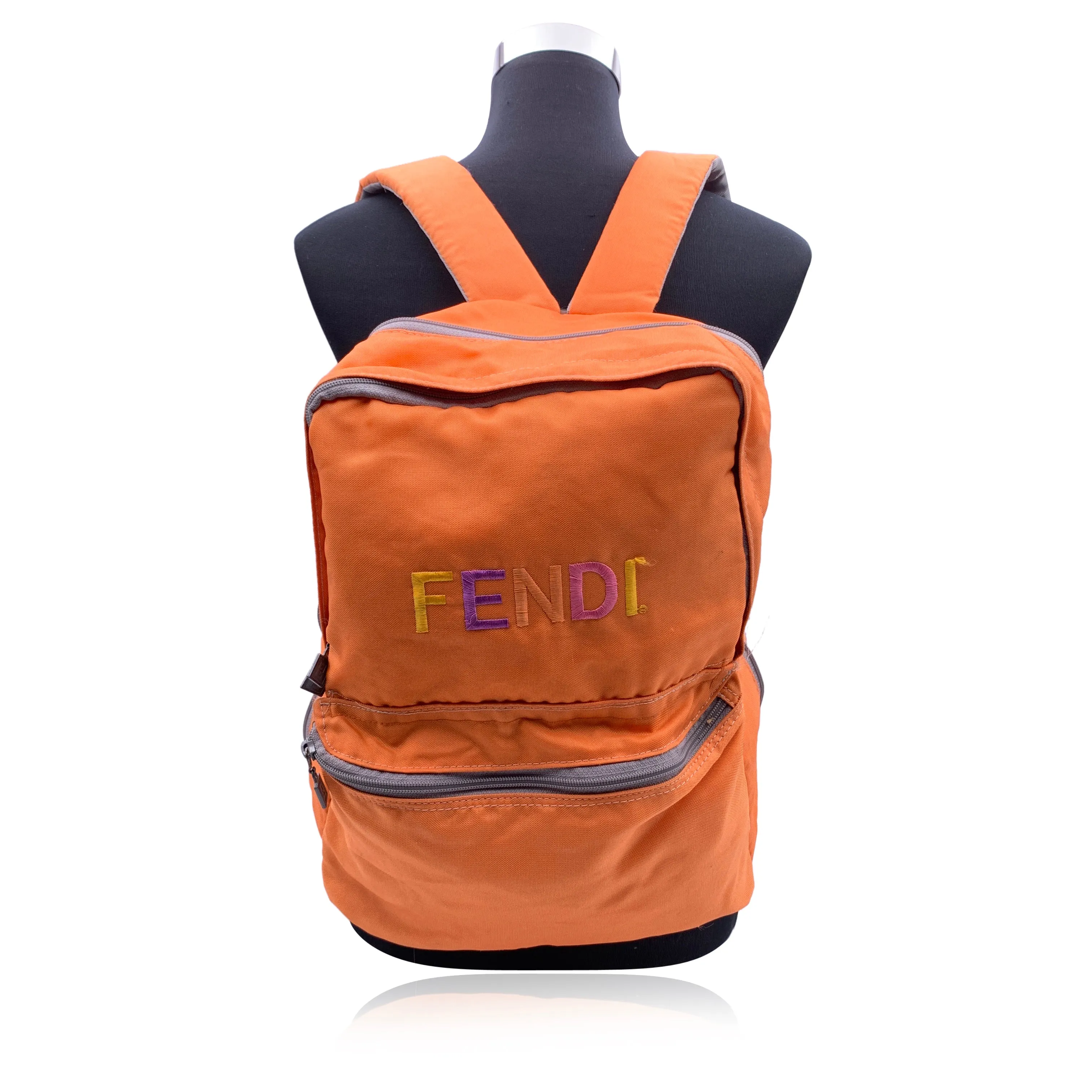 Fendi Cartoleria Vintage Orange Canvas Embroidered Backpack Bag