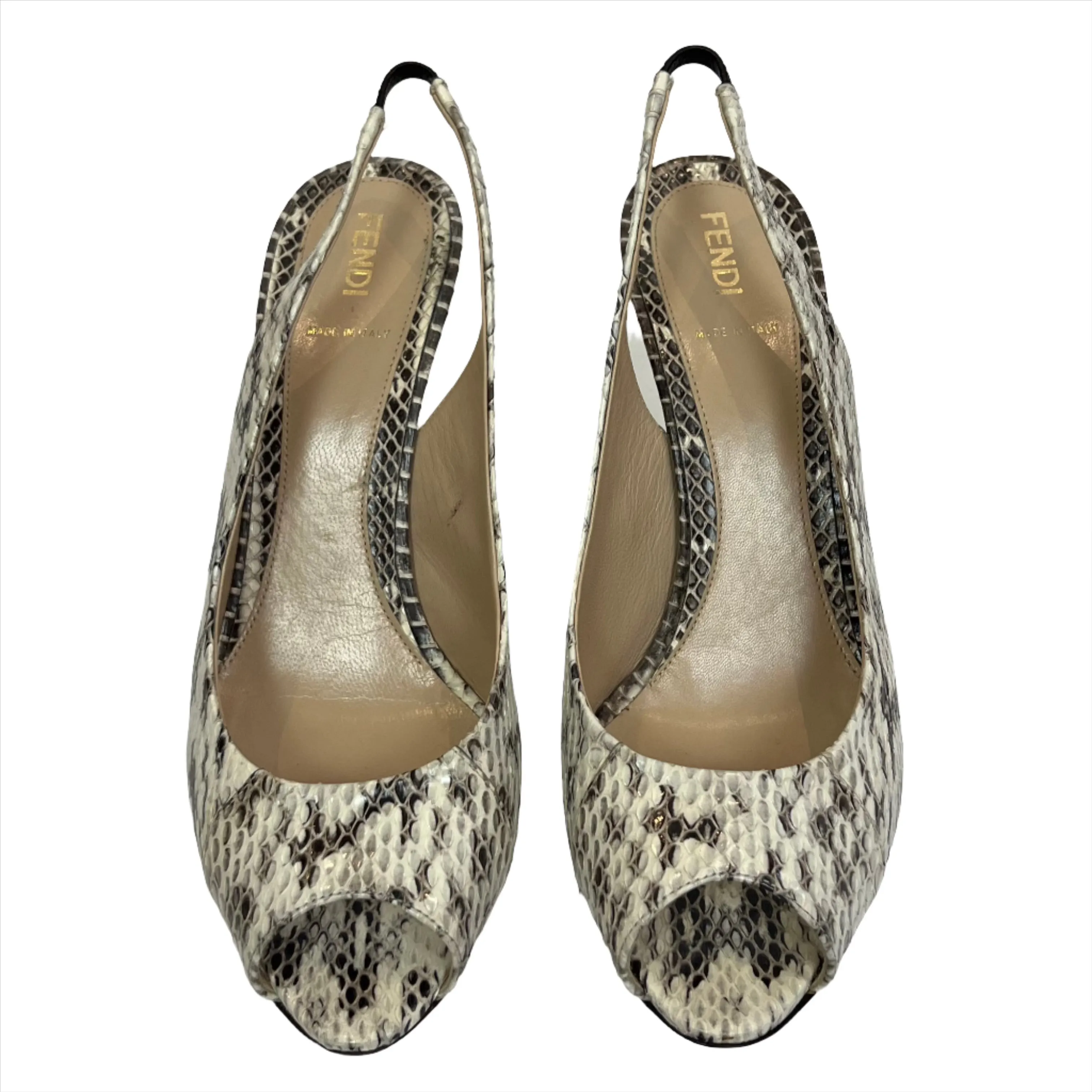 Fendi Cream Snakeskin Peeptoe Slingback Heels 38