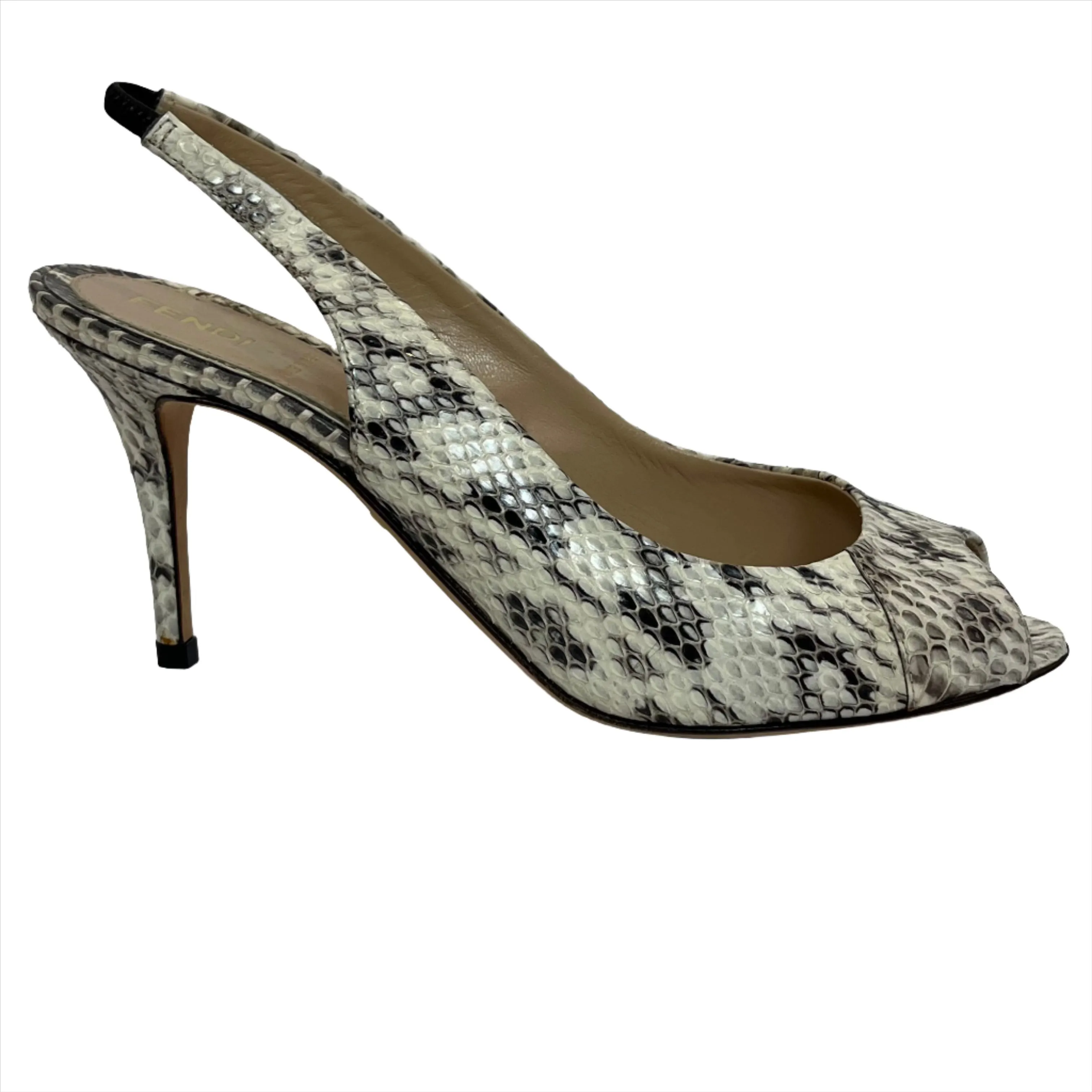 Fendi Cream Snakeskin Peeptoe Slingback Heels 38