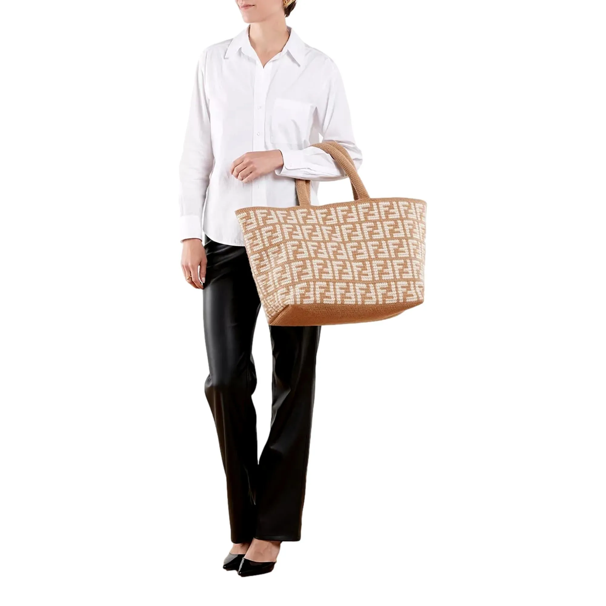 Fendi FF Cammello Beige Knitted Cashmere Large Shopper Tote Bag