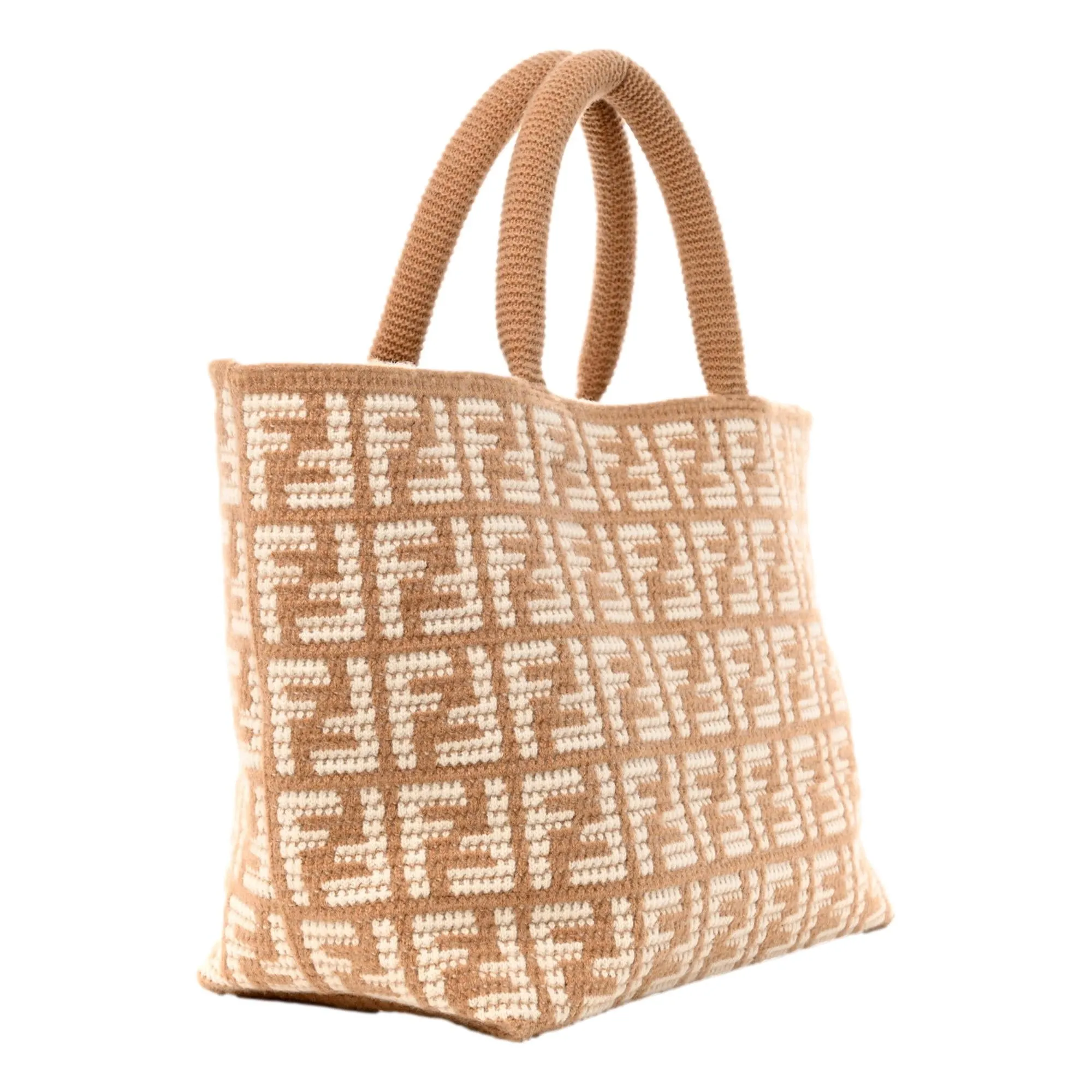 Fendi FF Cammello Beige Knitted Cashmere Large Shopper Tote Bag