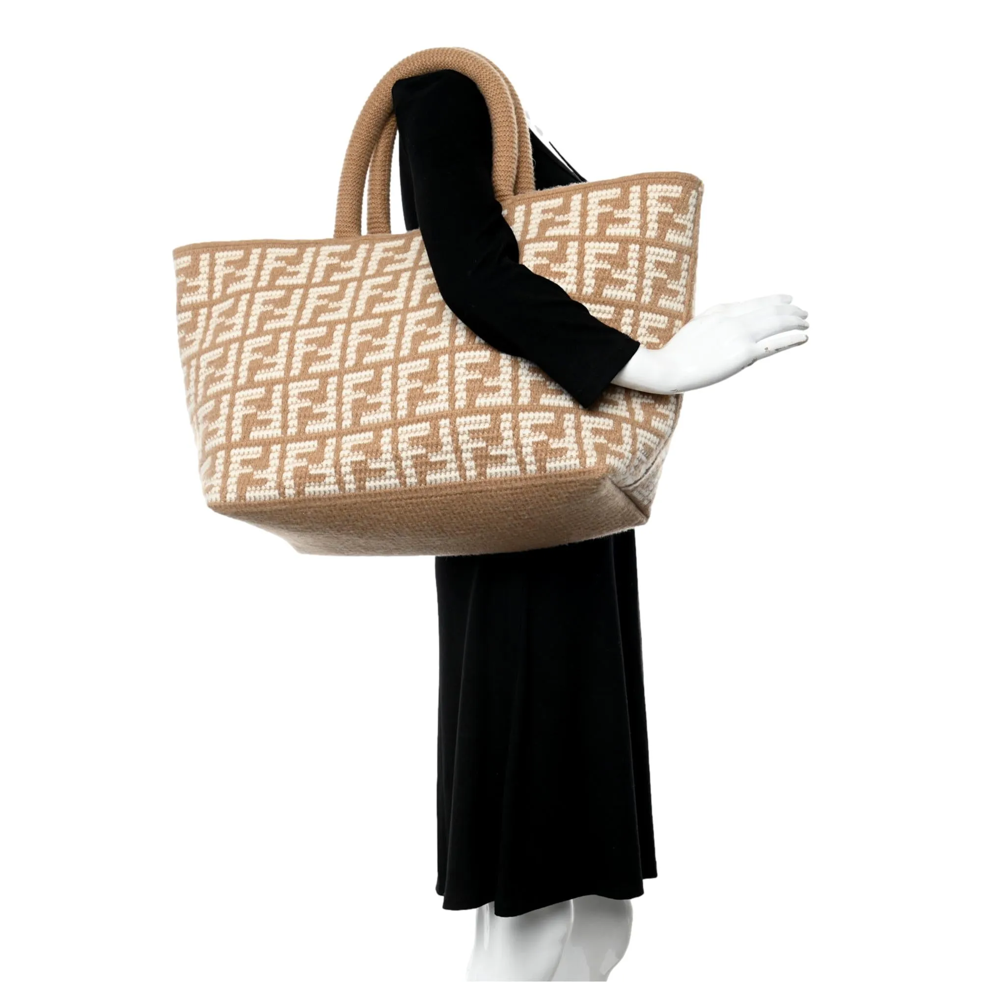 Fendi FF Cammello Beige Knitted Cashmere Large Shopper Tote Bag