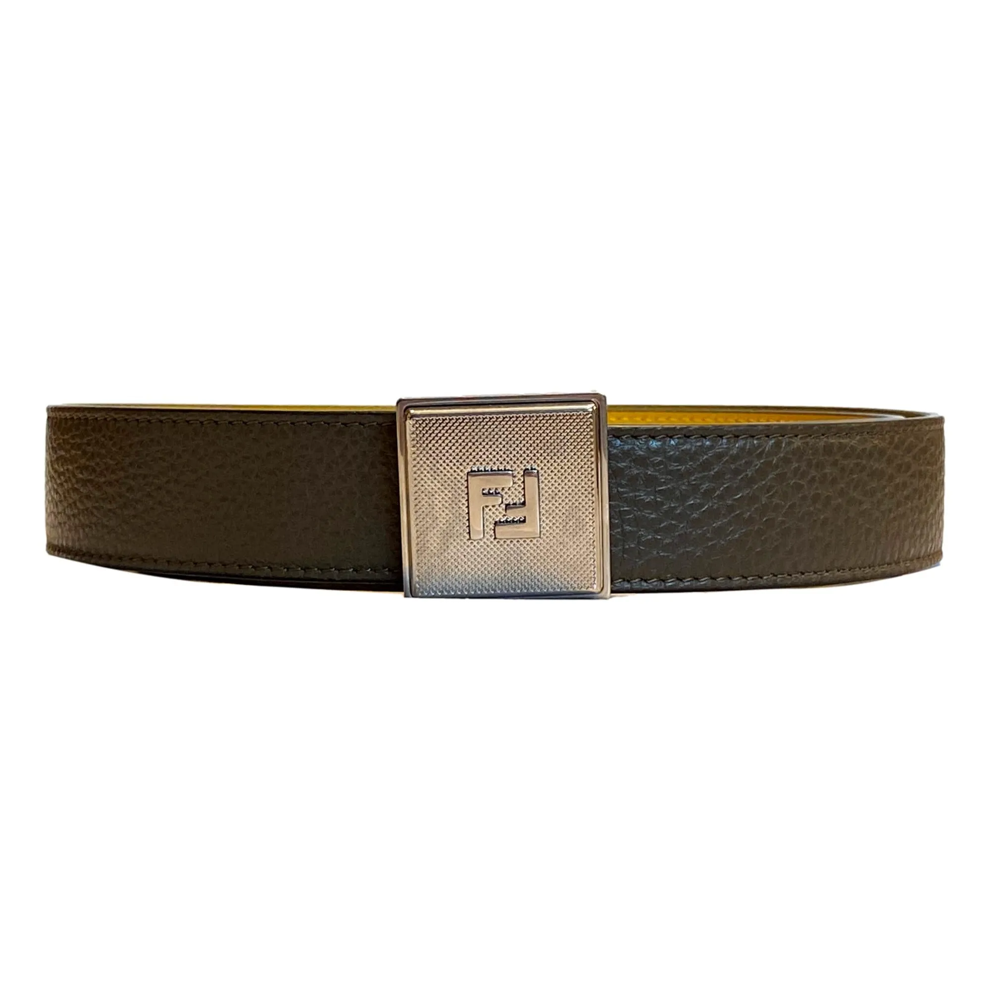 Fendi Mens Yellow Brown Reversible Grained Leather Belt 95