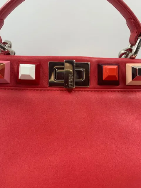 Fendi Red Leather Mini Studded Peekaboo Handbag