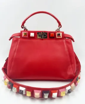 Fendi Red Leather Mini Studded Peekaboo Handbag