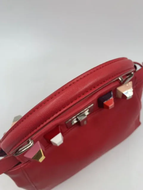 Fendi Red Leather Mini Studded Peekaboo Handbag