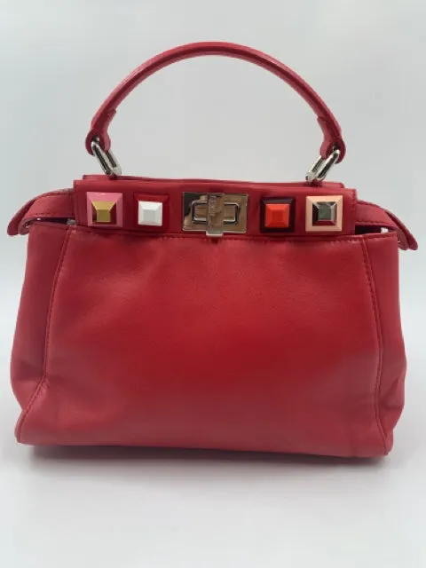 Fendi Red Leather Mini Studded Peekaboo Handbag