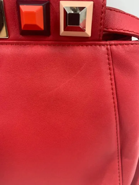 Fendi Red Leather Mini Studded Peekaboo Handbag