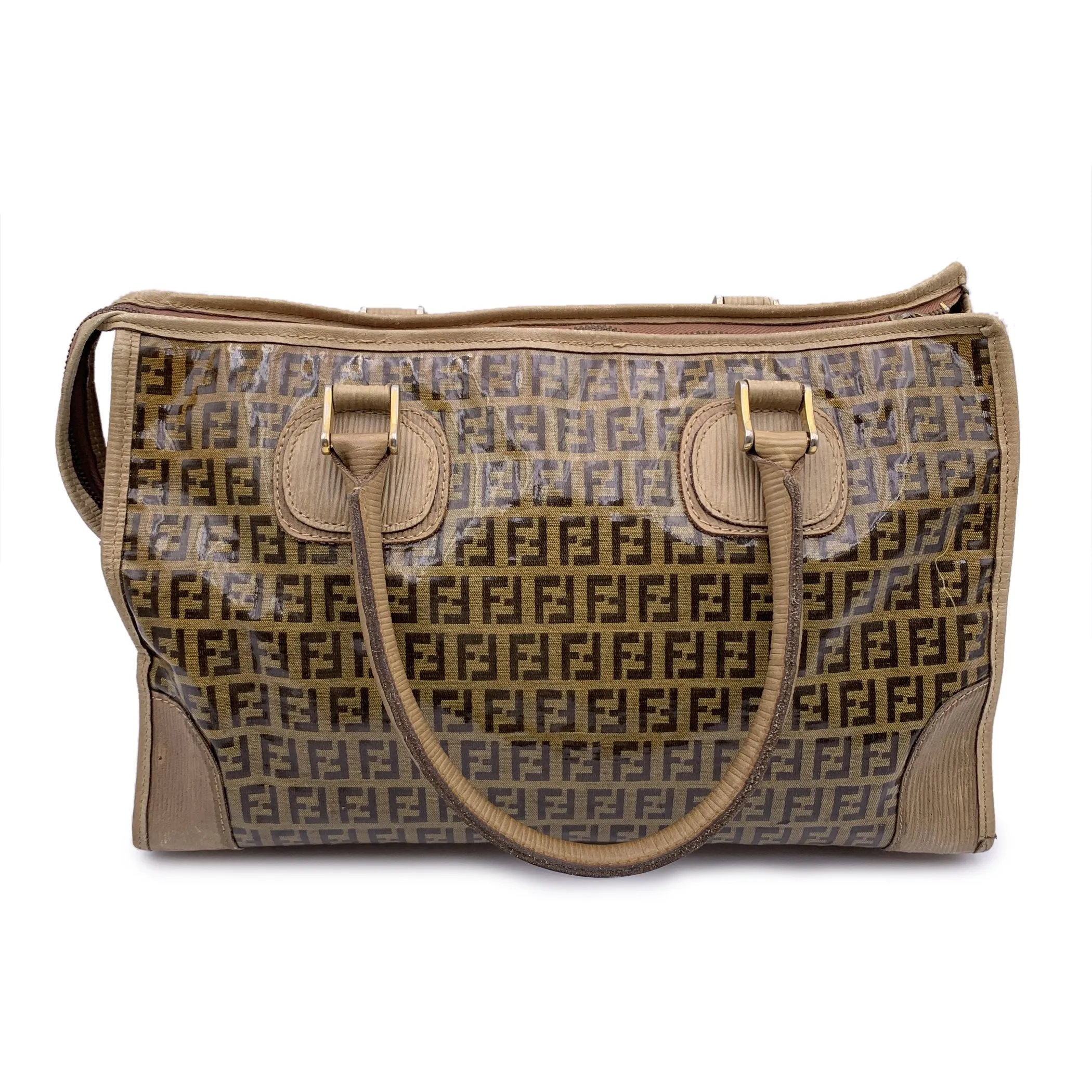 Fendi Vintage Beige Monogram Vinyl Canvas Handbag Satchel Bag