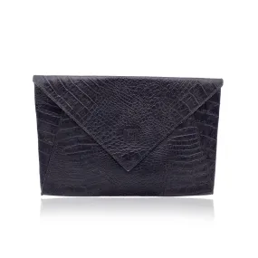 Fendi Vintage Black Embossed Portfolio Envelope Clutch Bag with Chain