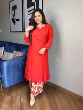 Hot Red Women Cotton Kurti Palazzo Set