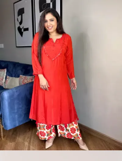 Hot Red Women Cotton Kurti Palazzo Set