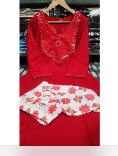 Hot Red Women Cotton Kurti Palazzo Set