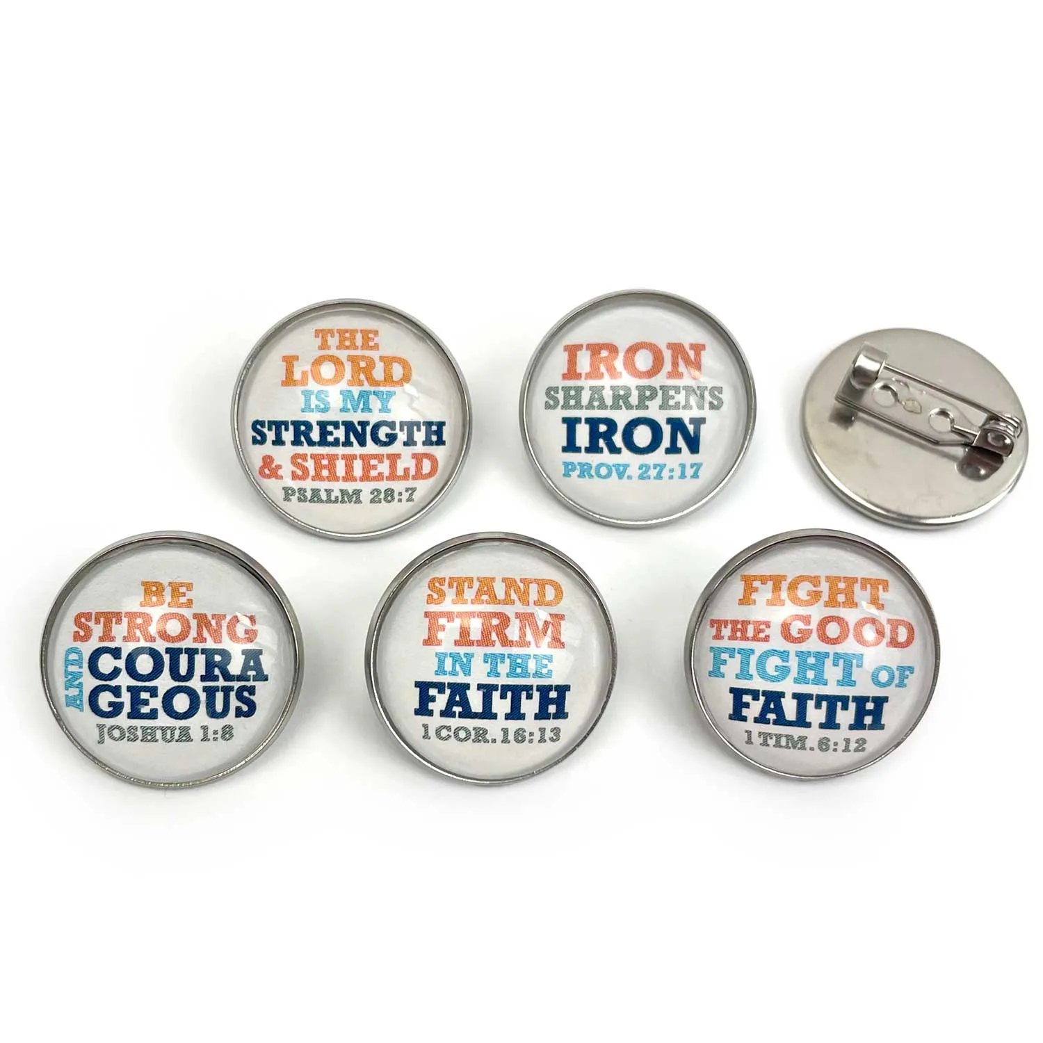 Iron Sharpens Iron Set of Glass Pinback Buttons, Lapel Pins