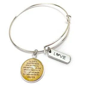 Love and Scripture Charm Bangle Bracelet - John 3:16 Word Scripture Christian Affirmations Jewelry, Silver