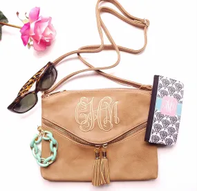 Monogrammed Cross body - Mocha tassel hipster bag -Personalized purse