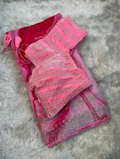 Pink Rangoli Silk Saree With Readymade Fully Stitched Blouse