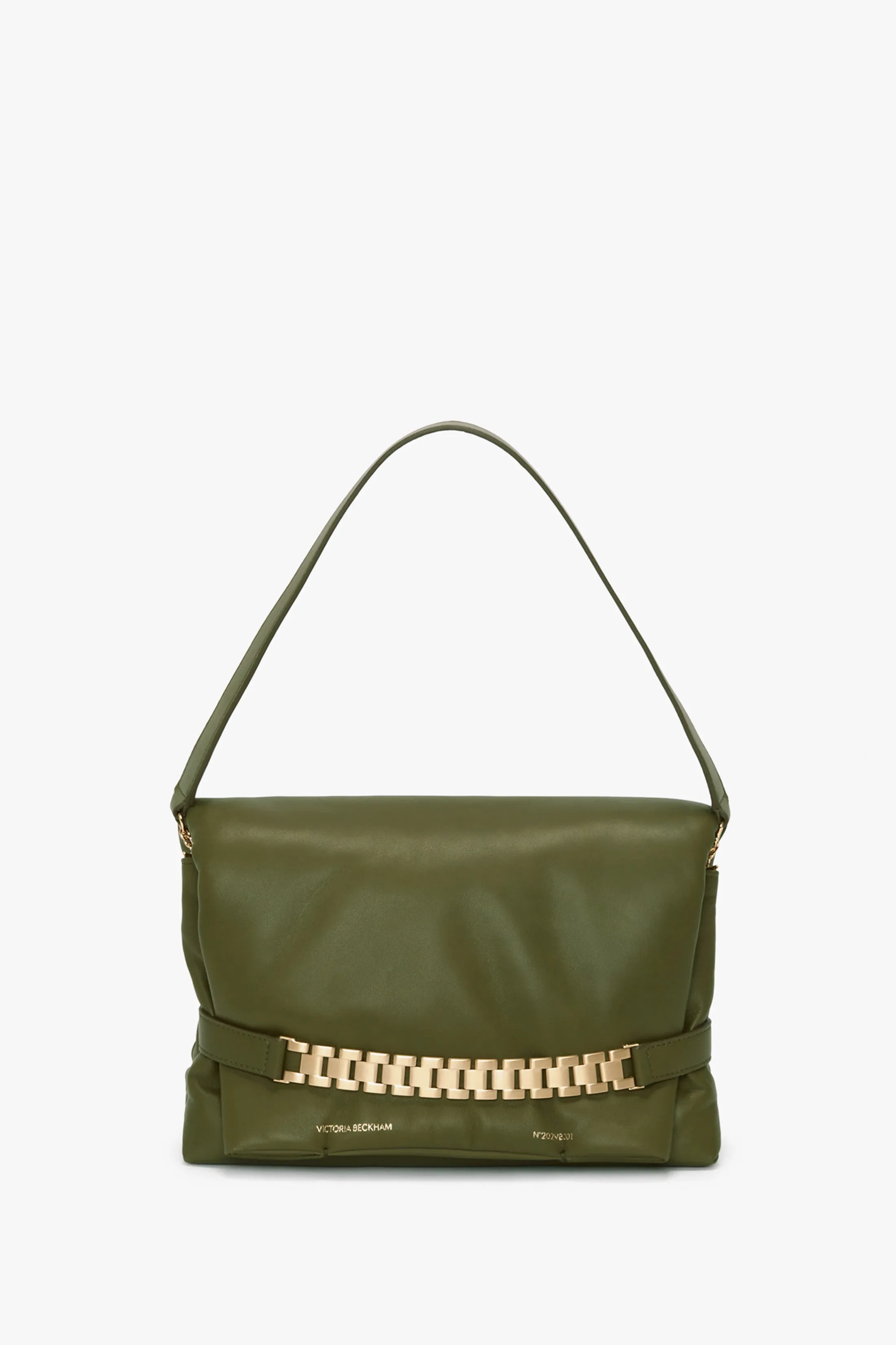 Puffy Chain Pouch With Strap In Khaki Leather