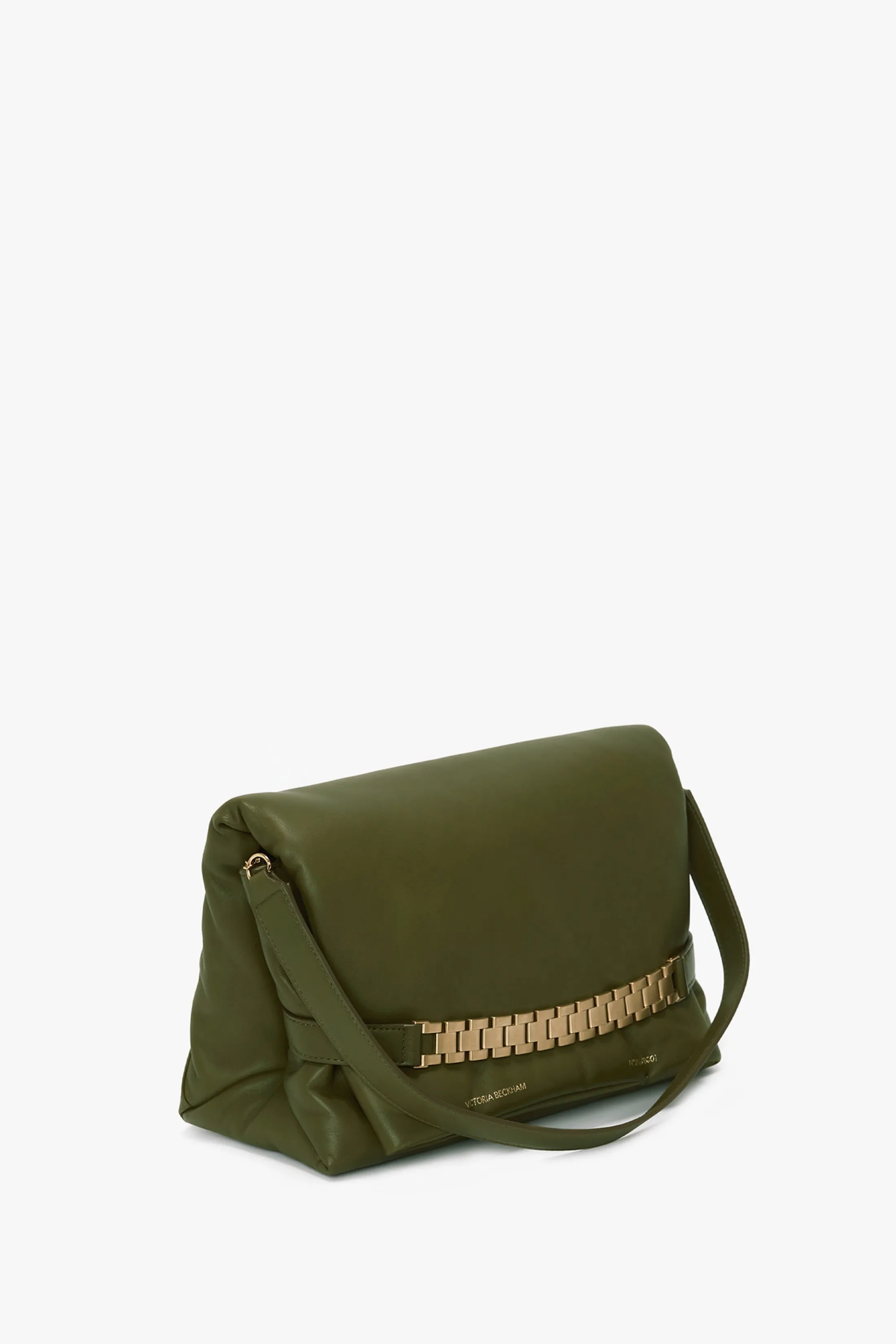 Puffy Chain Pouch With Strap In Khaki Leather