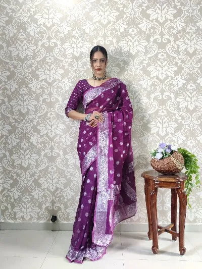 Ready to Wear Purple Banerasi Silk Stitched Readymade Saree