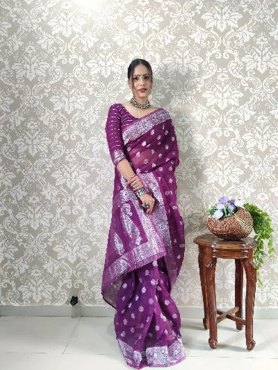 Ready to Wear Purple Banerasi Silk Stitched Readymade Saree