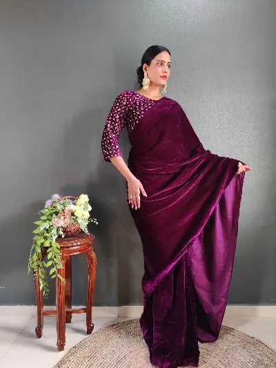 Ready to wear Saree Velvet with Stitched Blouse Readymade