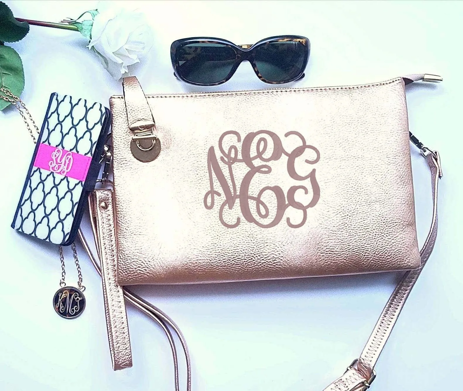 Rose Gold Monogrammed crossbody hipster wristlet clutch personalized purse