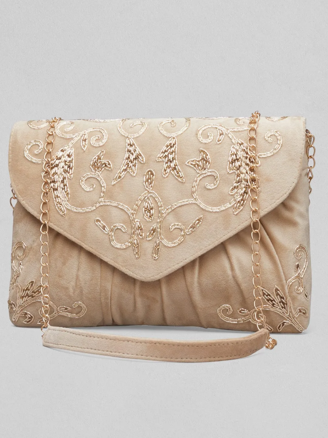 Rubans Cream Colour Slingbag With Embroided Gold And Brown Design.