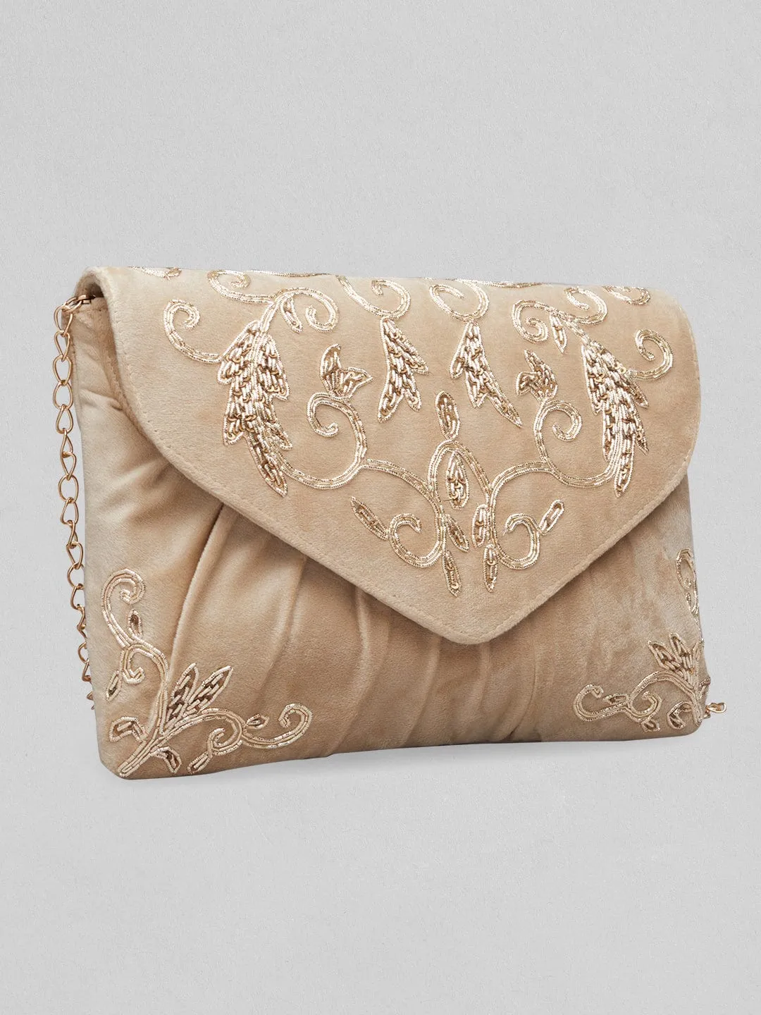 Rubans Cream Colour Slingbag With Embroided Gold And Brown Design.