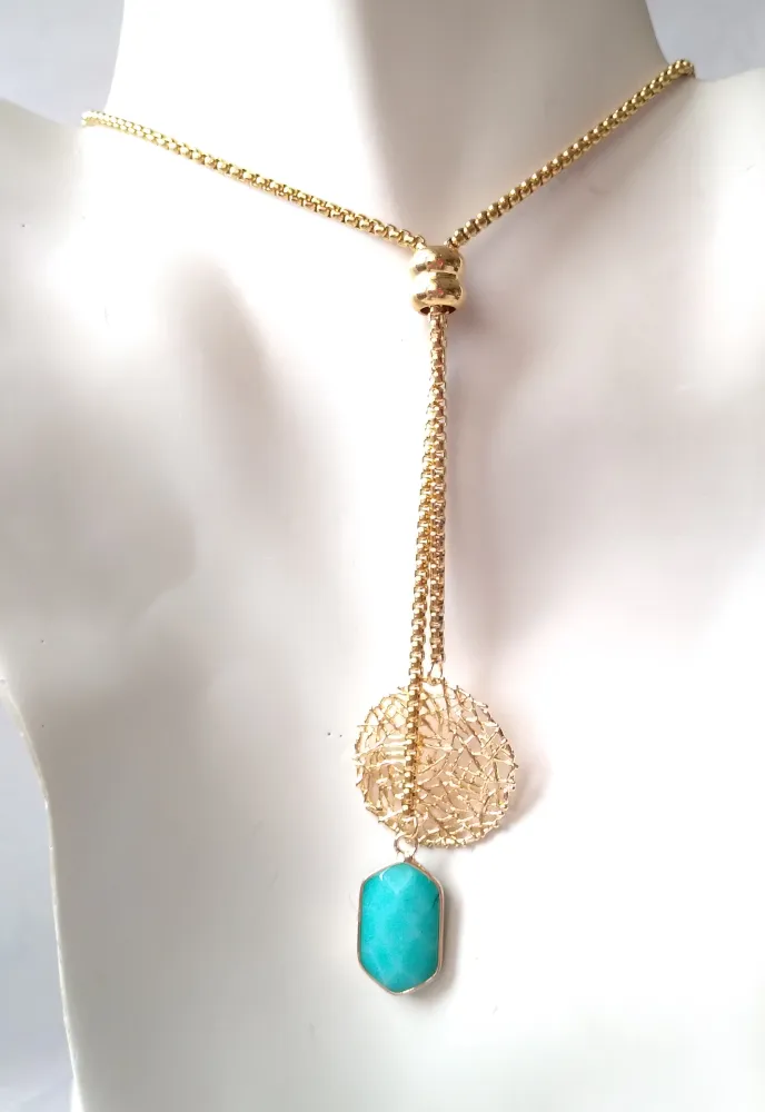 Sinamay with Hexagon Teal Jade Slider Necklace