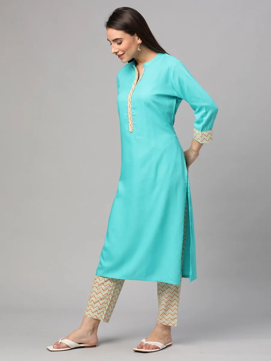 Sky Blue Solid Kurta With Trouser