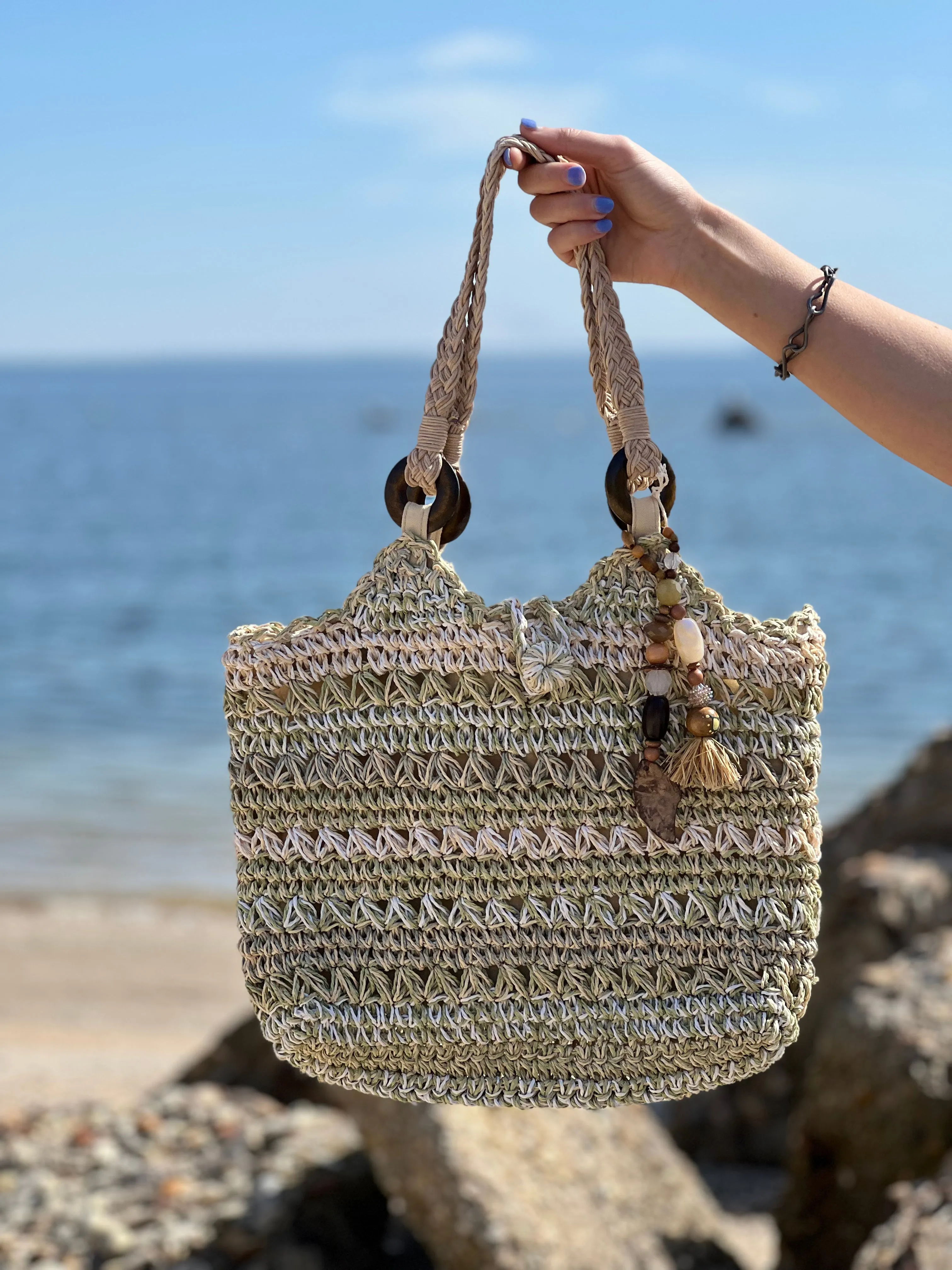 Straw bag with bead embellishment