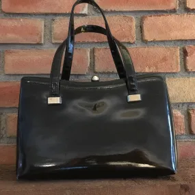 Vintage Black Patent Leather Handbag by Koret. 1950s Purse. Red Leather Interior.