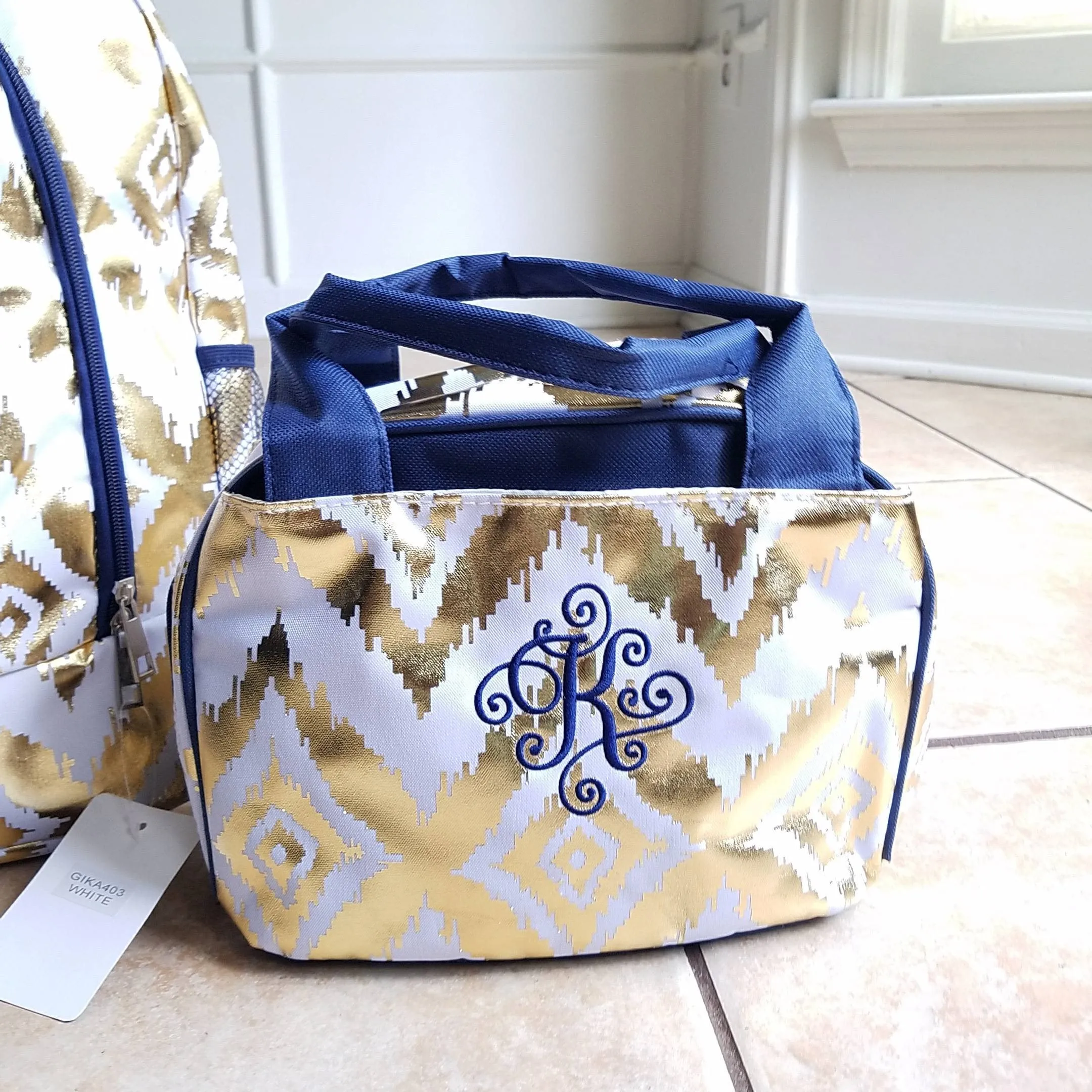 White Navy and Gold ikat backpacks custom listing for Staci